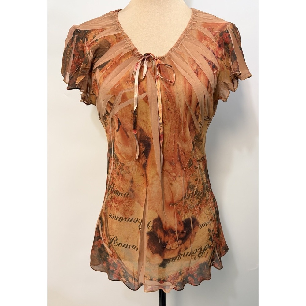 VTG Y2K Rave Mesh Top Fairy V-neck Victorian Scene Peach Ren Faire Art Sheer XL
